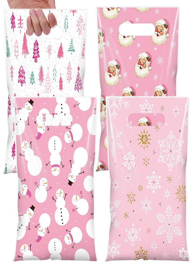Blosssound Pieces Pink Christmas Treat Bags Bulk - Snowman Snowflakes Santa Claus Plastic Xmas Bags for Winter Holiday Christmas Party Favors Goodie Candy Packing Supplies (100 Pcs) - Image 1